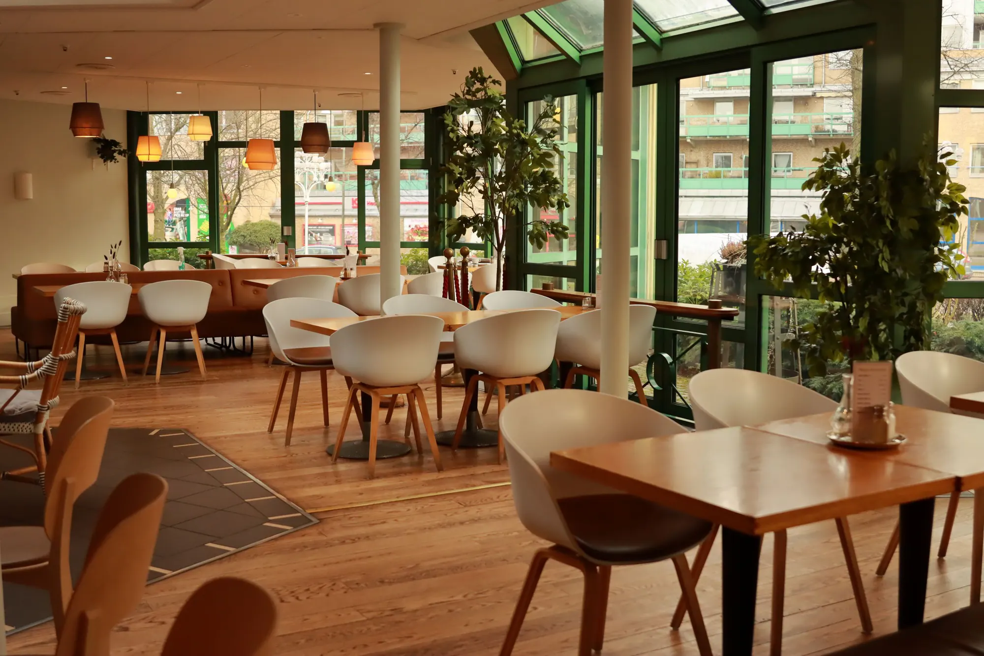 En lys restaurant med hvide skalstole, trægulv og store vinduer med grønne rammer og planter