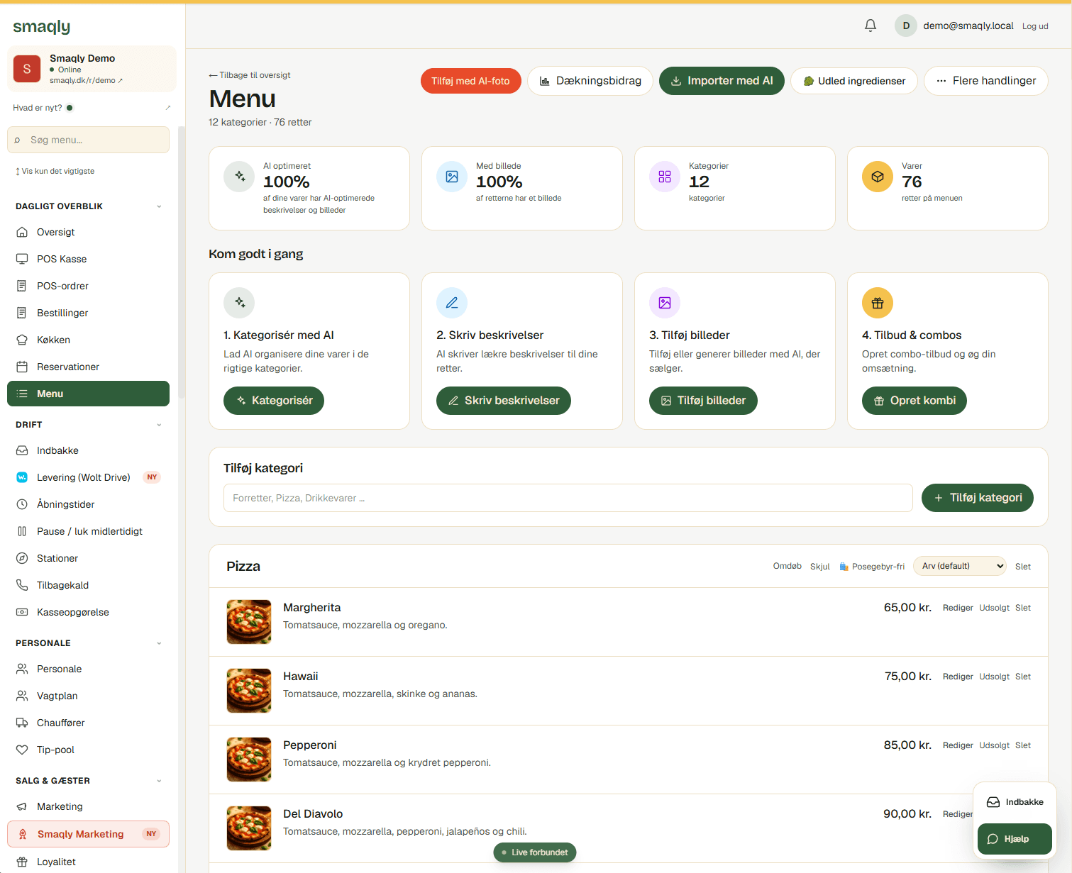 Menuen i Smaqlys dashboard med kategorier, retter og priser