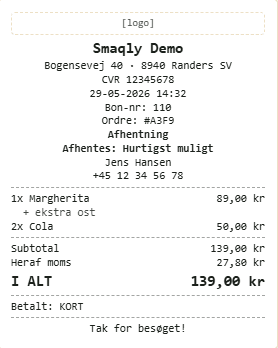 Kvittering fra Smaqly med ordrenummer, varer, moms og betalingsmåde