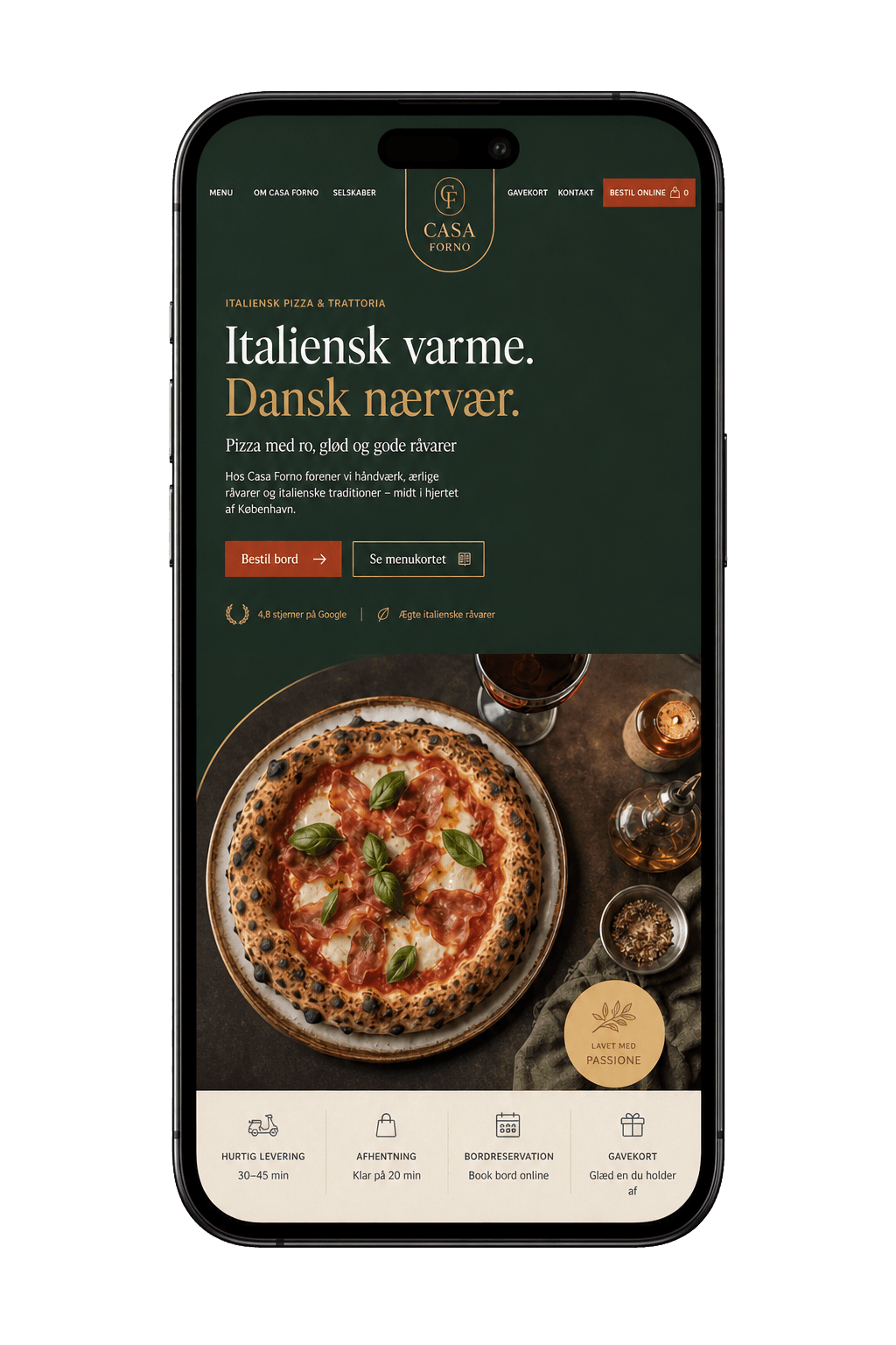 Casa Forno-bestillingssiden vist på en realistisk smartphone