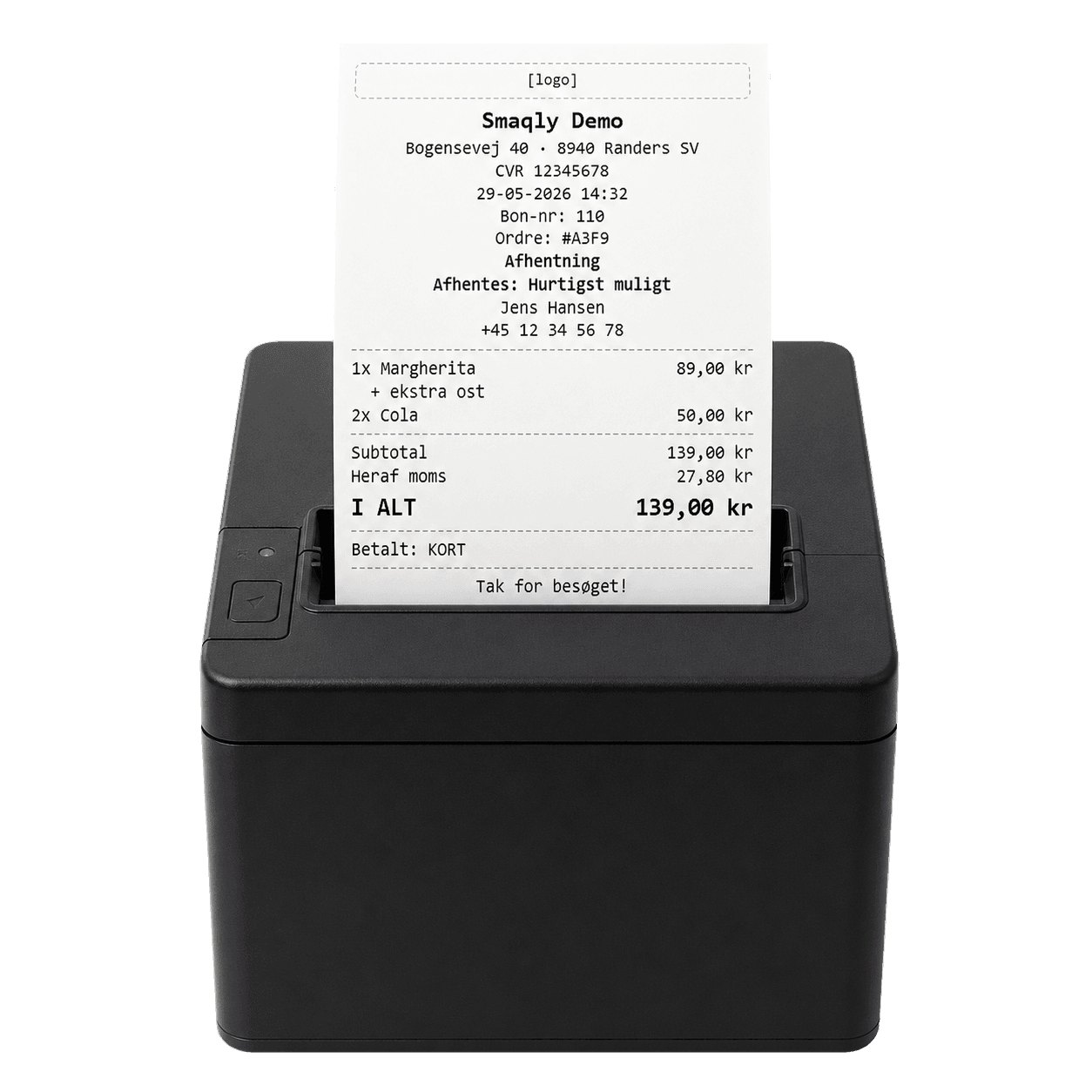 En realistisk bonprinter med en Smaqly-kvittering
