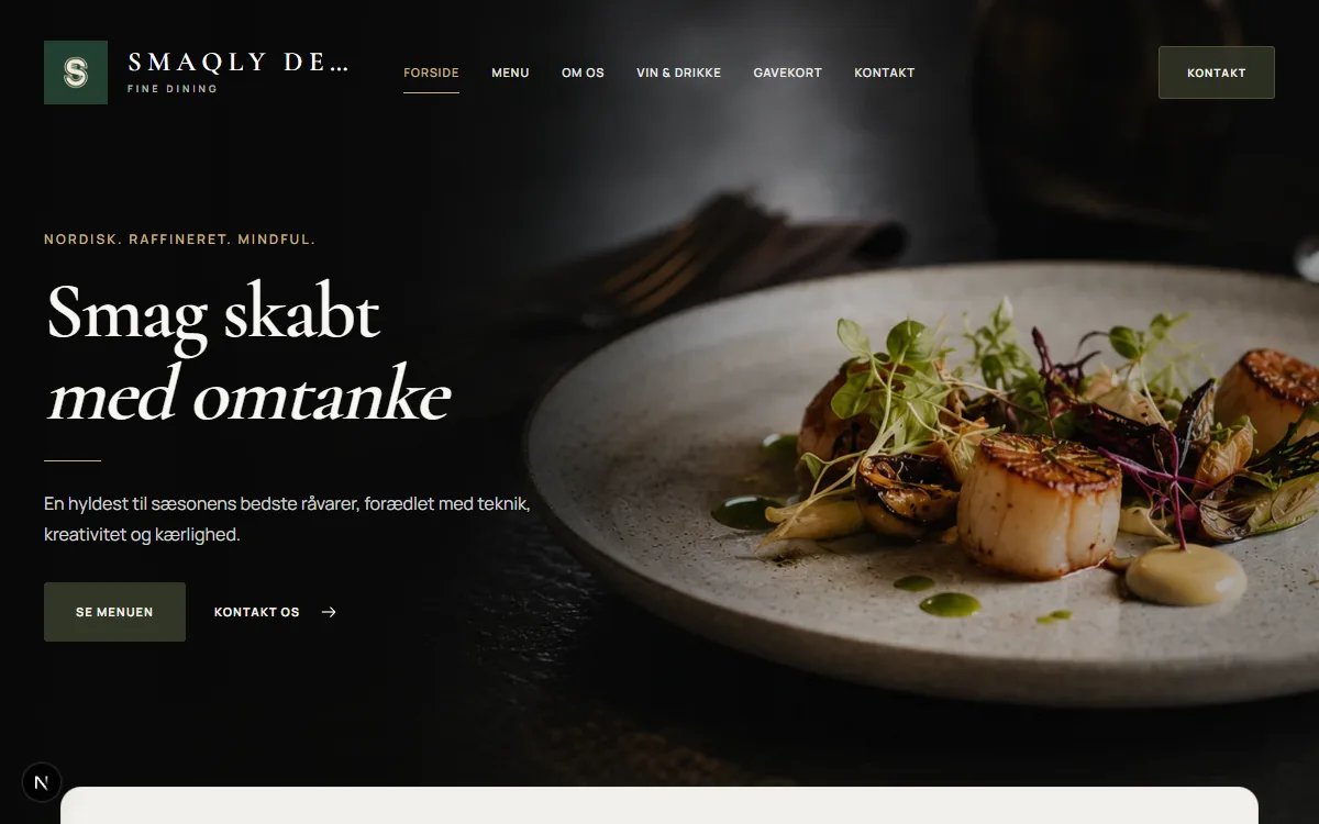 Fine dining-skabelonen vist som en færdig hjemmeside