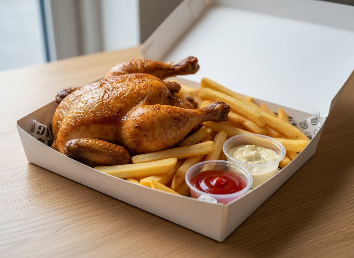 ½ grillkylling med pommes frites