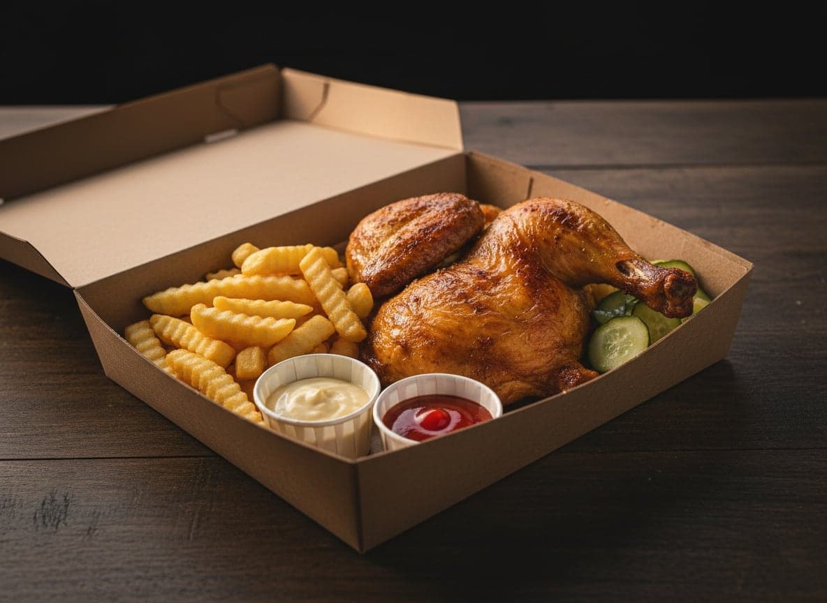 ½ grillkylling med pommes frites