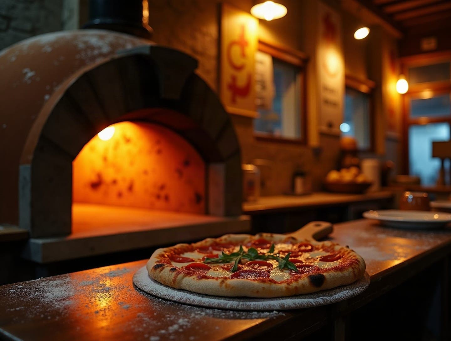 Stenovnen gløder, og en frisk pizza står klar på disken