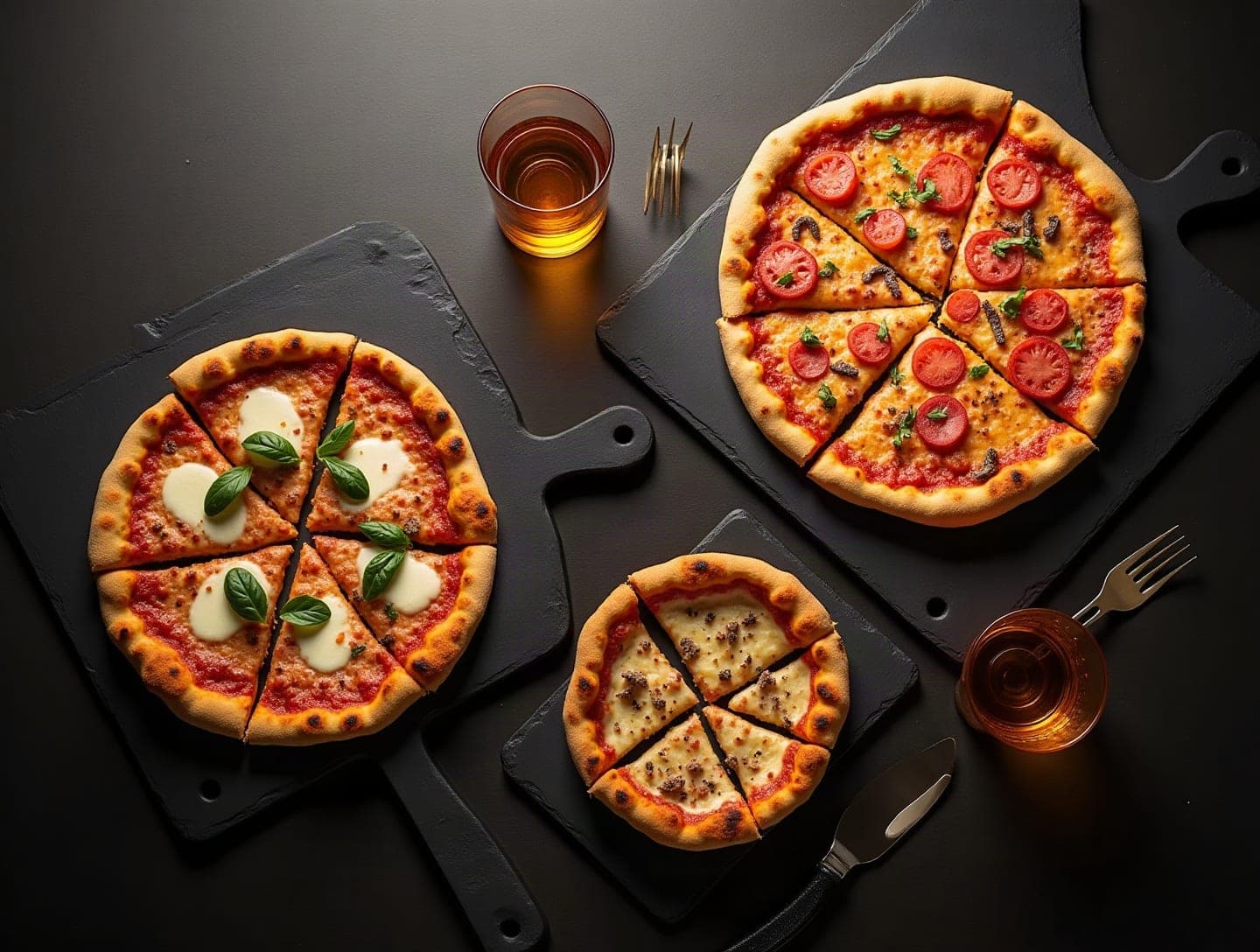 Tre pizzaer i hver sin størrelse på sorte skærebrætter