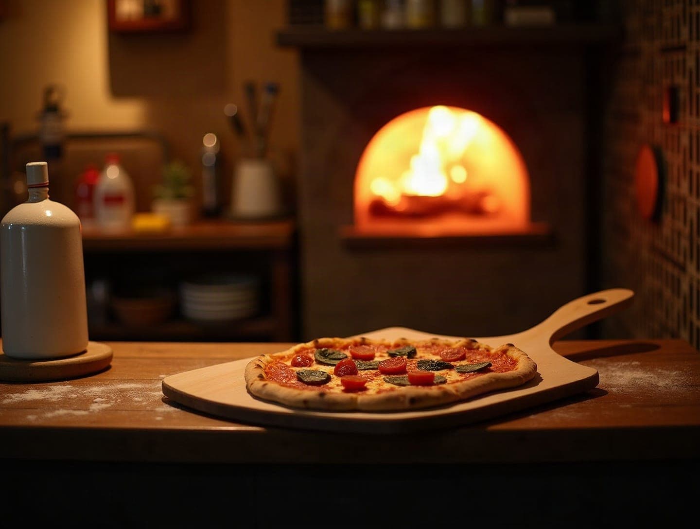 En frisk pizza på bagerspaden foran den glødende ovn