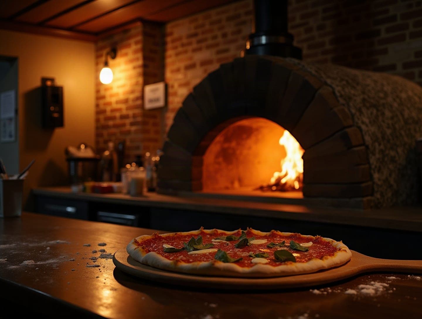 En friskbagt pizza på disken foran pizzaovnen