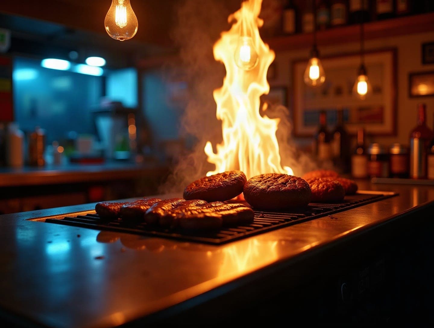 Grillen om aftenen med flammer og blåt lys