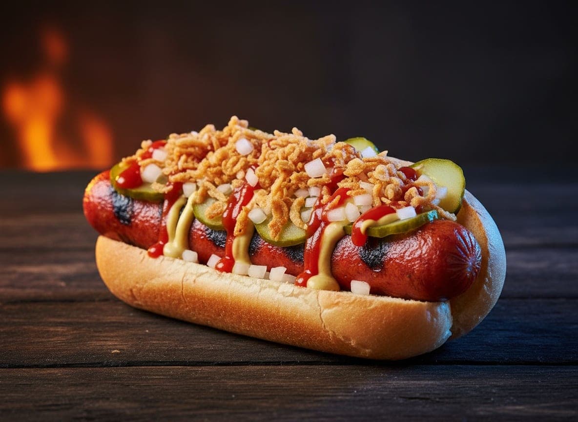 Ristet hotdog med ketchup, remoulade, sennep, ristede løg, rå løg og agurkesalat