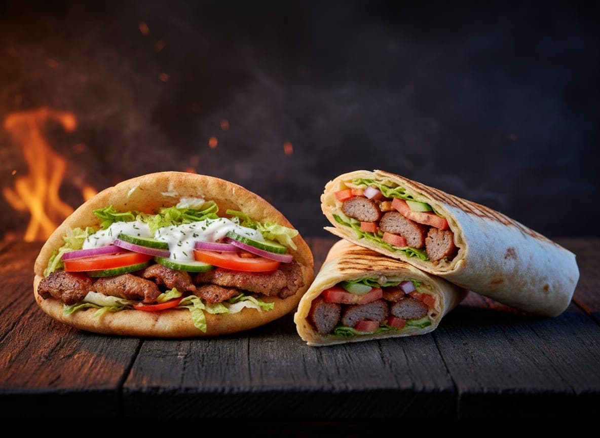 Pita med kebab, salat og dressing og to ruller skåret over