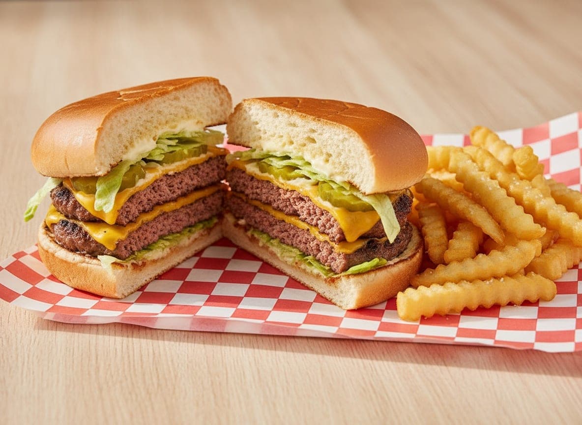 Dobbelt cheeseburger skåret over med pommes frites på ternet papir