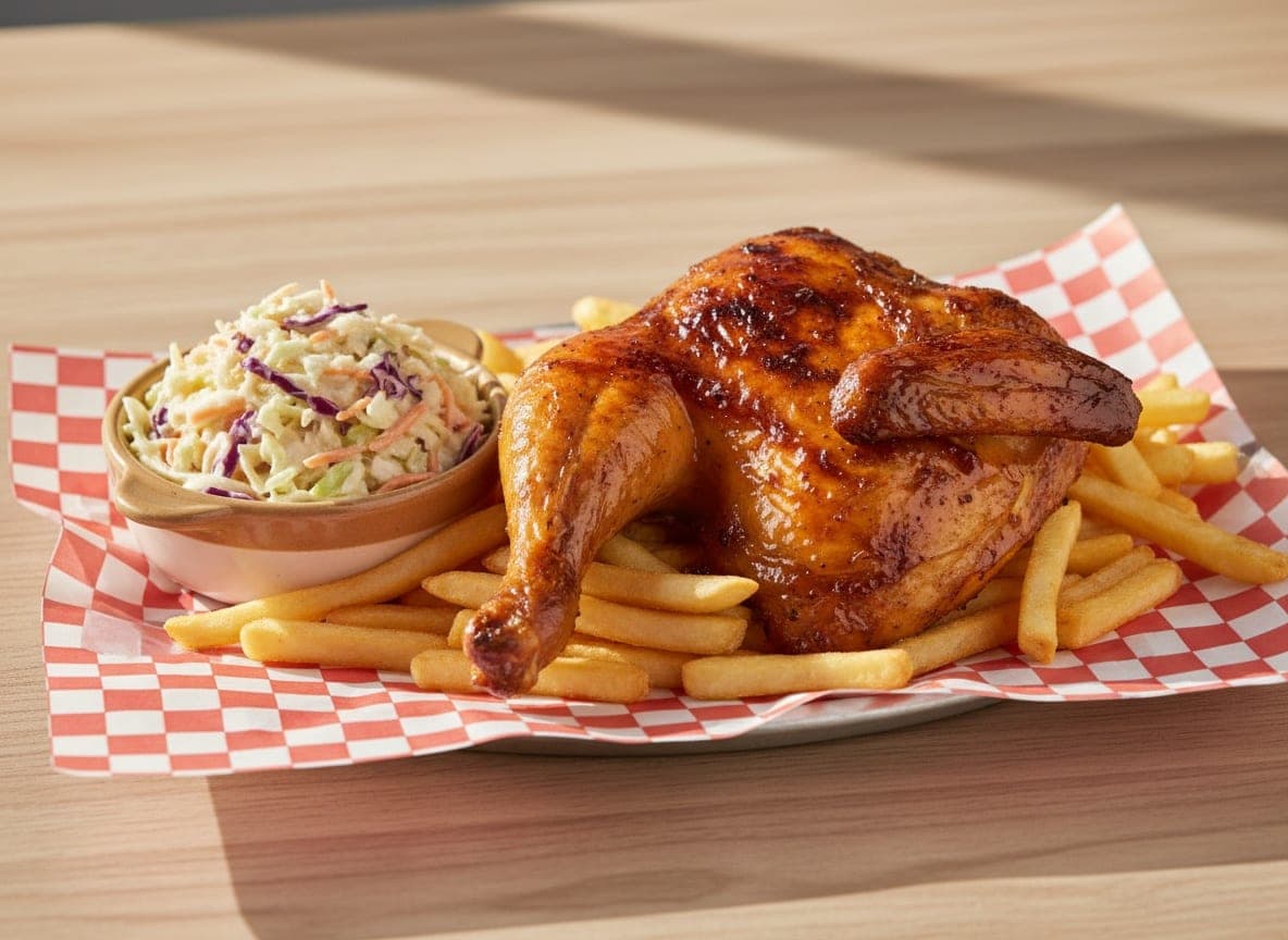 Halv grillkylling med pommes frites og coleslaw