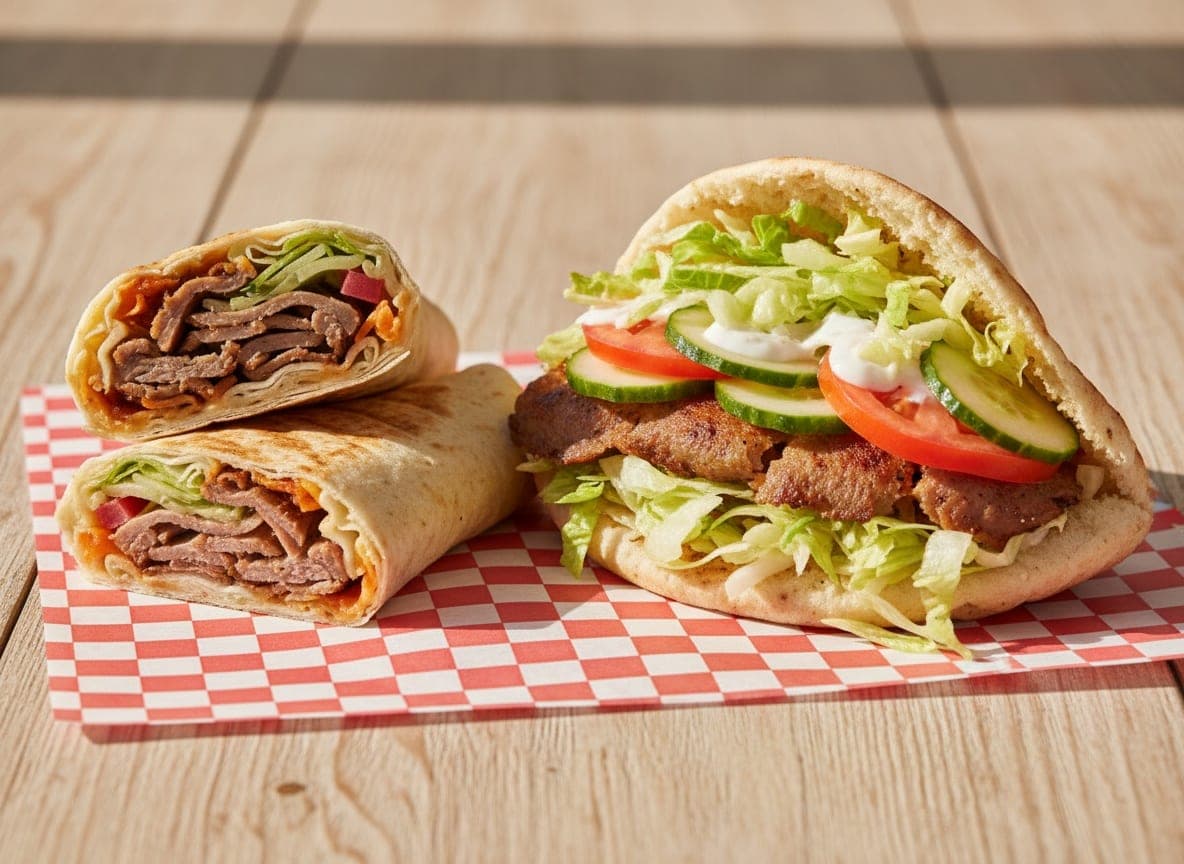 Pita med kød, salat, agurk og tomat og en rulle skåret over