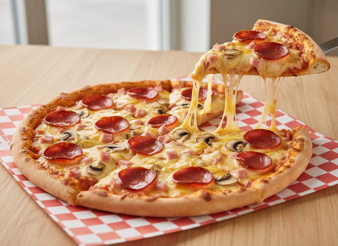 Pizza med pepperoni, skinke og champignon — et stykke løftes med smeltet ost
