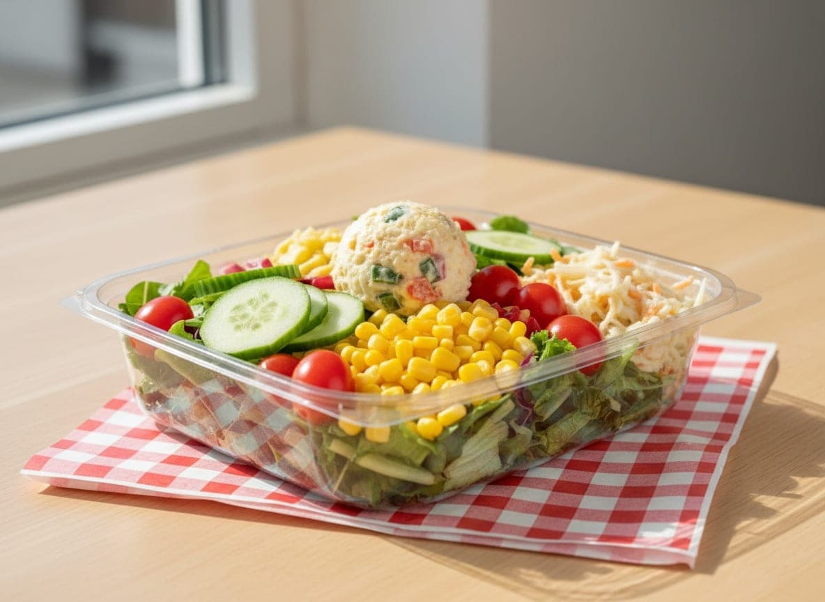 Salat fra salatbaren i et bæger med låg — agurk, tomat, majs og salat