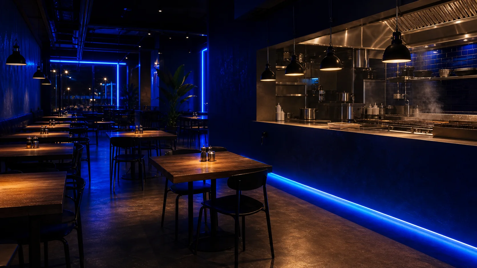 Moderne restaurant med blå belysning